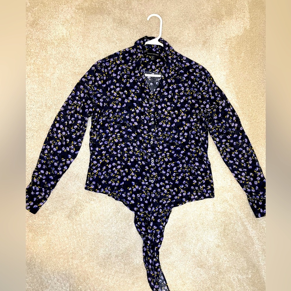 Black floral tie front button blouse